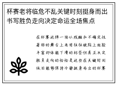 杯赛老将临危不乱关键时刻挺身而出书写胜负走向决定命运全场焦点